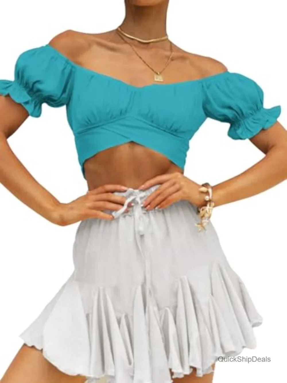 Ruffle Puff Short Sleeve Tie Back Crop Top Off The Shoulder Blouse